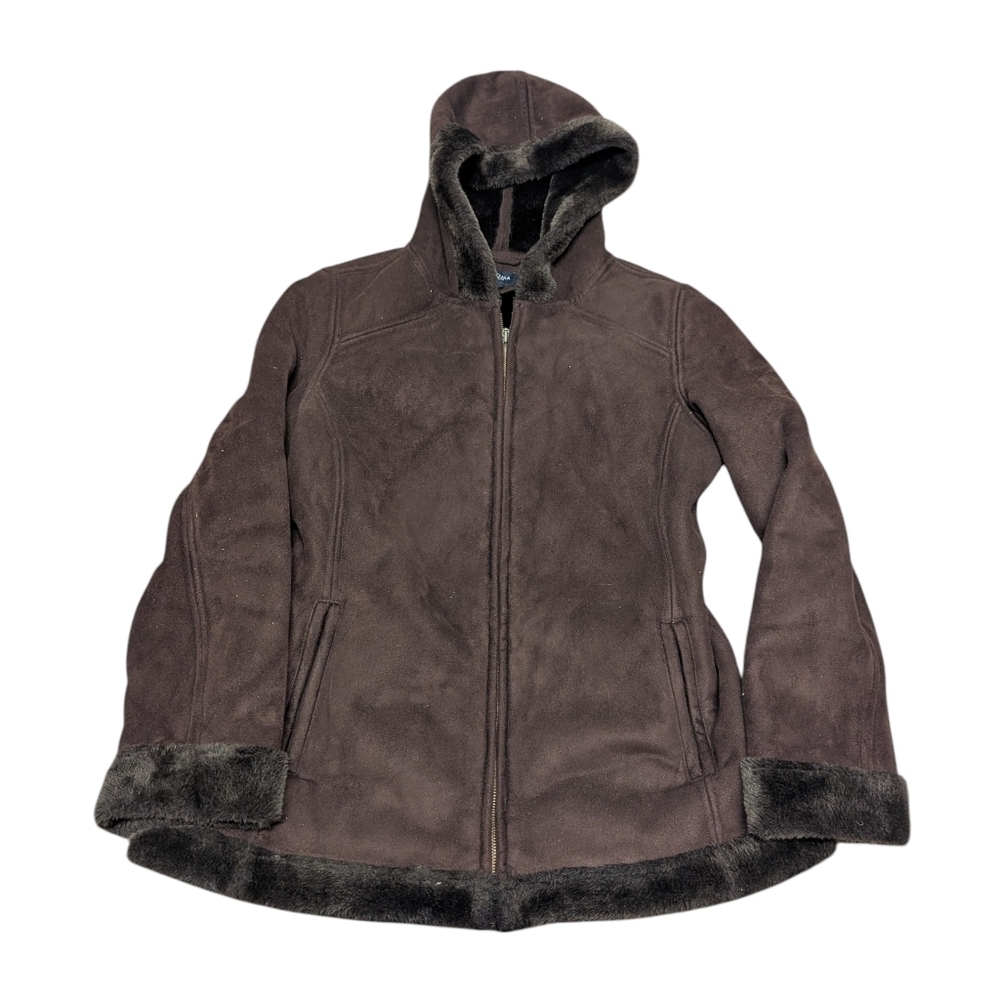 Sonoma Life + Style Women's Brown Suede Winter Jacket with Hood Size Large